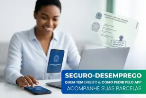 Mulher sorrindo usando laptop e smartphone com Carteira de Trabalho Digital