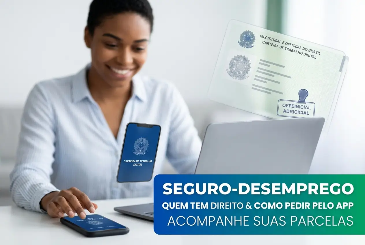 Mulher sorrindo usando laptop e smartphone com Carteira de Trabalho Digital