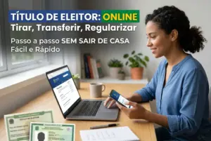 Mulher usando laptop e smartphone com site de registro eleitoral